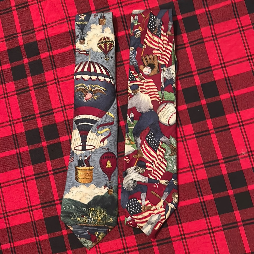 Two Americana series by Max Raab neckties. One is Up, Up and Away and Batter Up.